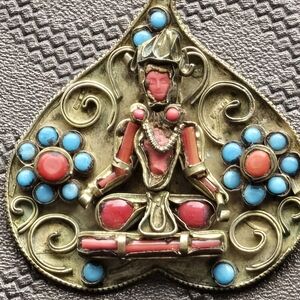 ​Rare Vintage Tibetan Deity Brooch with Natural Turquoise & Coral